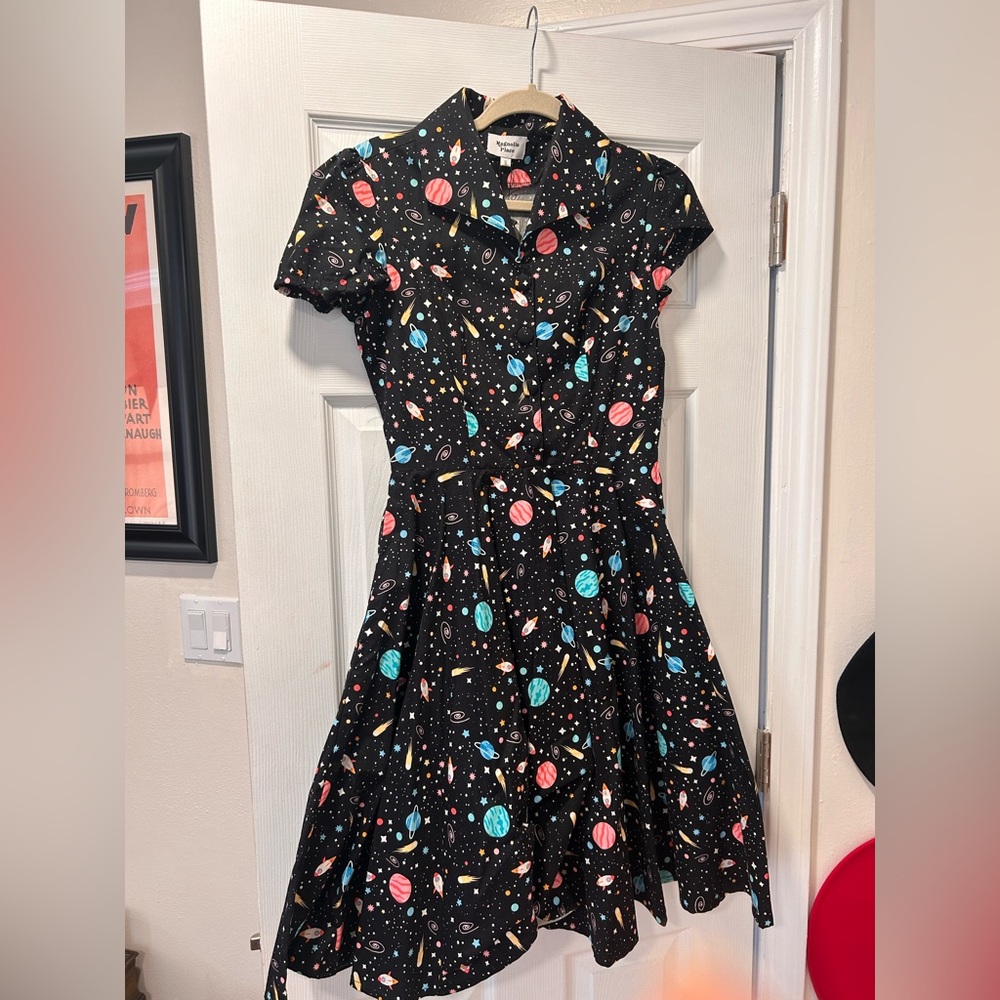 Cosmic Charm Midi Dress - Black with Multicolor Planets